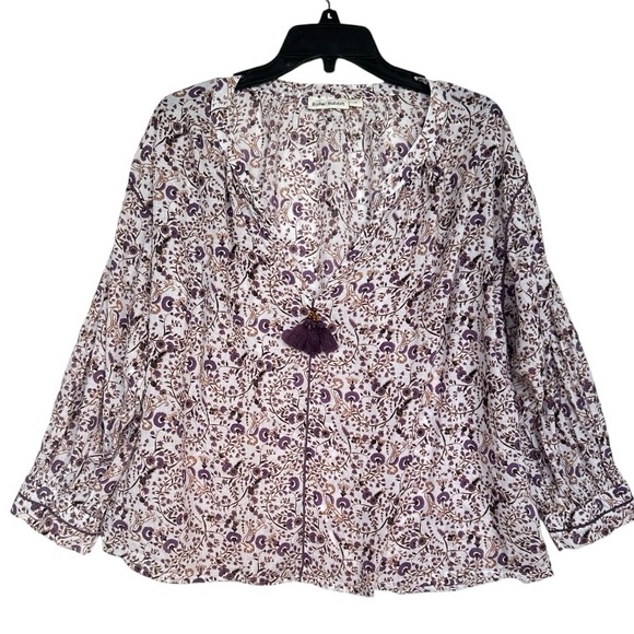 Roberta Roller Rabbit cotton Floral bubble sleeve Lightweight white purple Top M - Picture 1 of 10